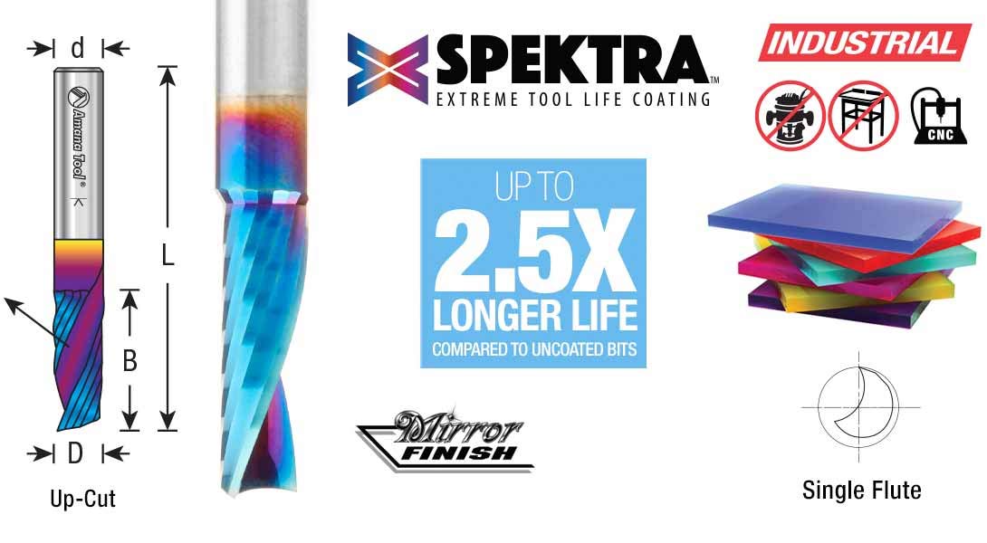 Amana Tool 51437-K CNC Spektra recubierto SC espiral O sola flauta de corte de plástico 18 D x 34 CH x 18 SHK x 2 pulgadas largo up-cut broca de