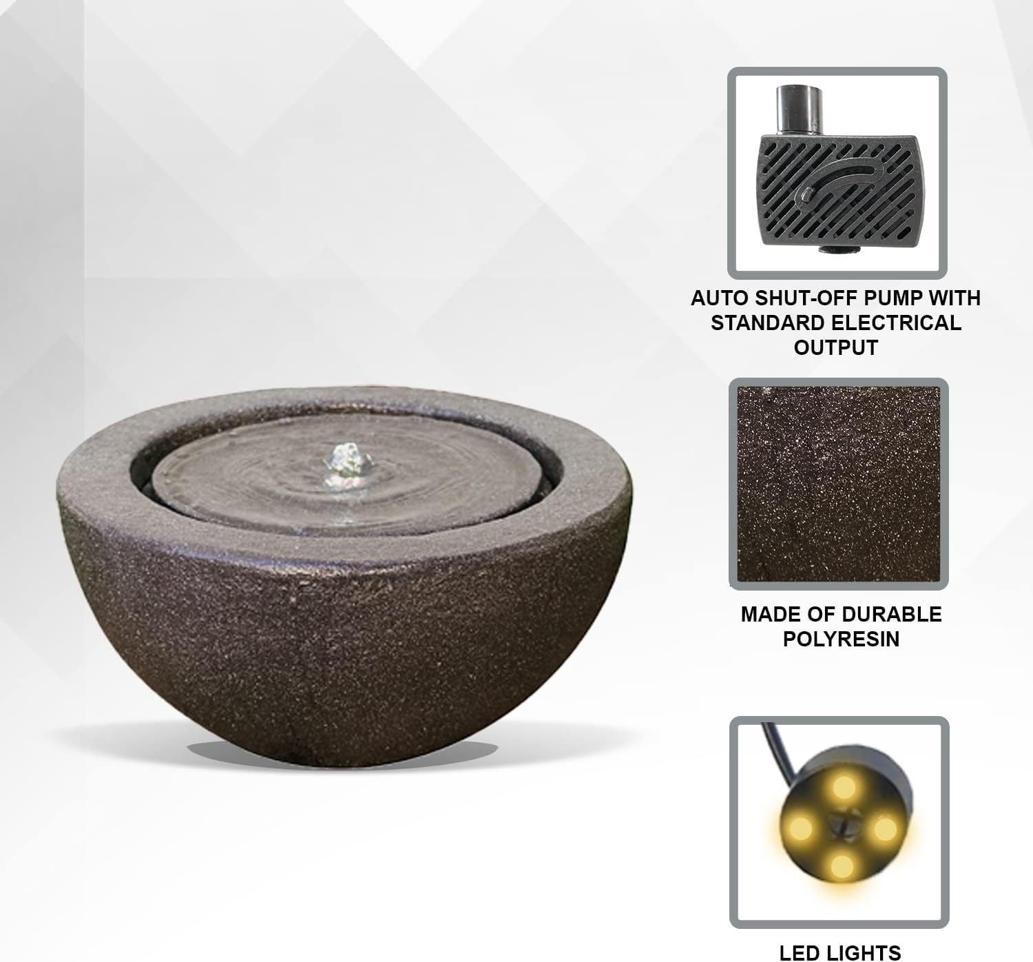 XBrand GE2010FTBK – Fuente de agua redonda con luz LED para interiores y exteriores, 10 pulgadas de alto, color gris