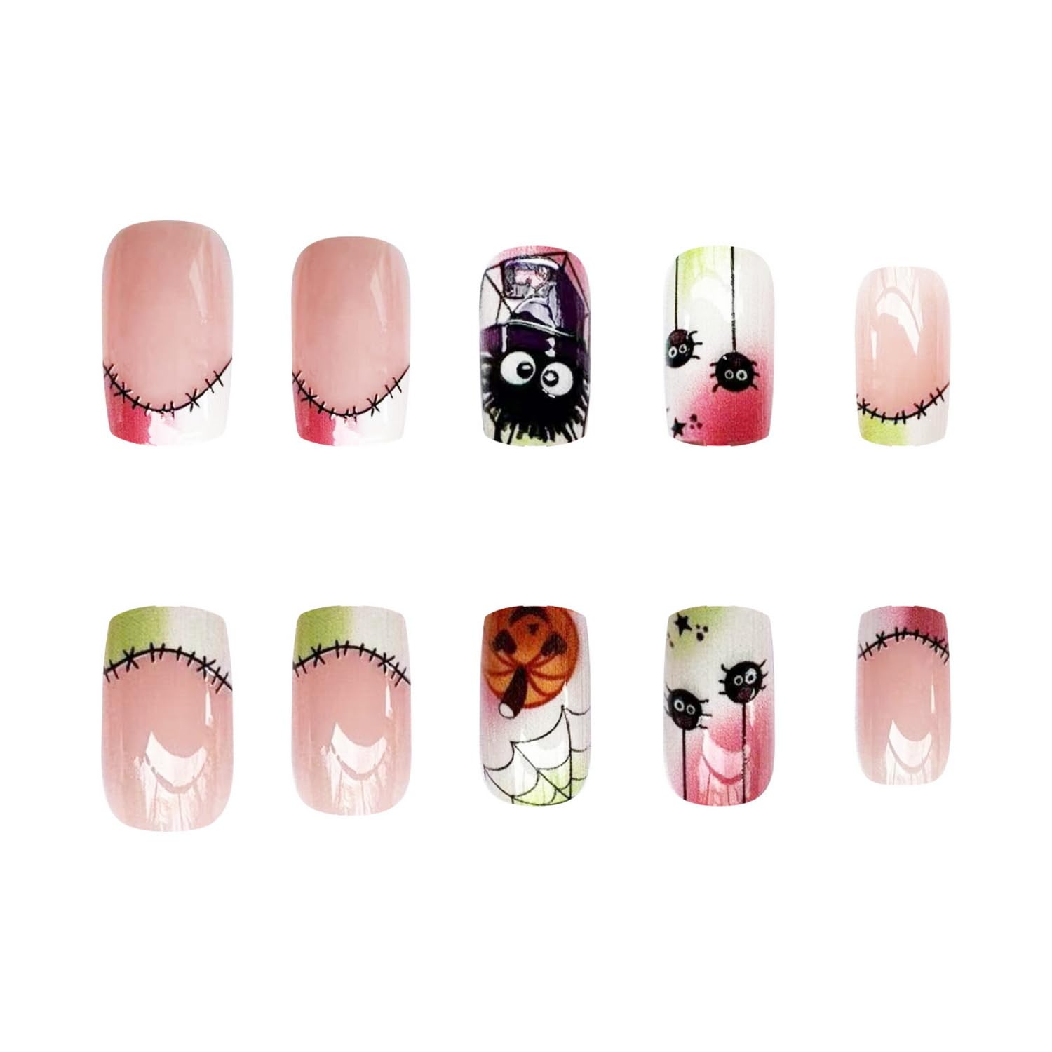 Uñas postizas a presión de Halloween, cuadradas, medianas, con diseños de telaraña, parches coloridos, punta francesa, uñas acrílicas, uñas