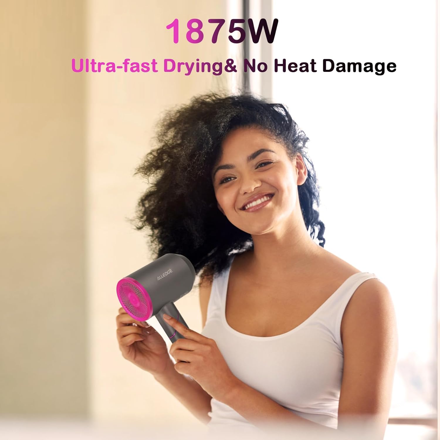 Secador de pelo con difusor de 1850 W, secador de pelo iónico de viaje, secador de pelo plegable, secado rápido para mujeres, cabello grueso y