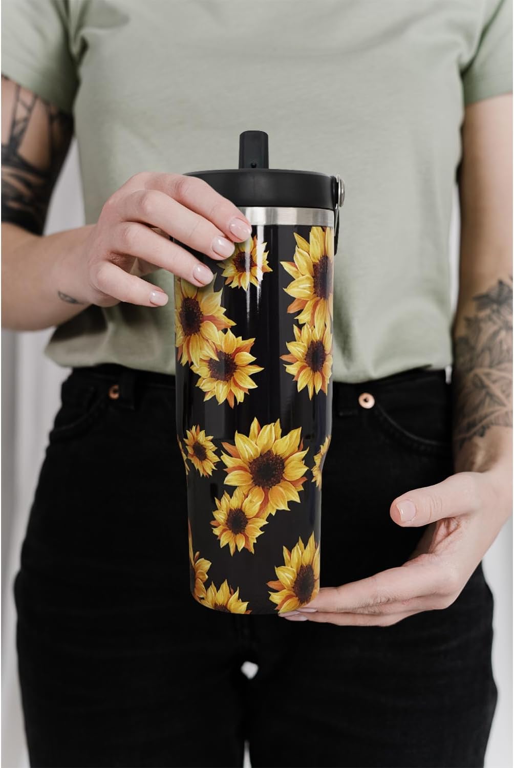 Vaso de girasol negro, regalos de girasol para mujeres, taza de café con girasol aislada de 30 onzas, taza, botella de agua, vasos para beber,