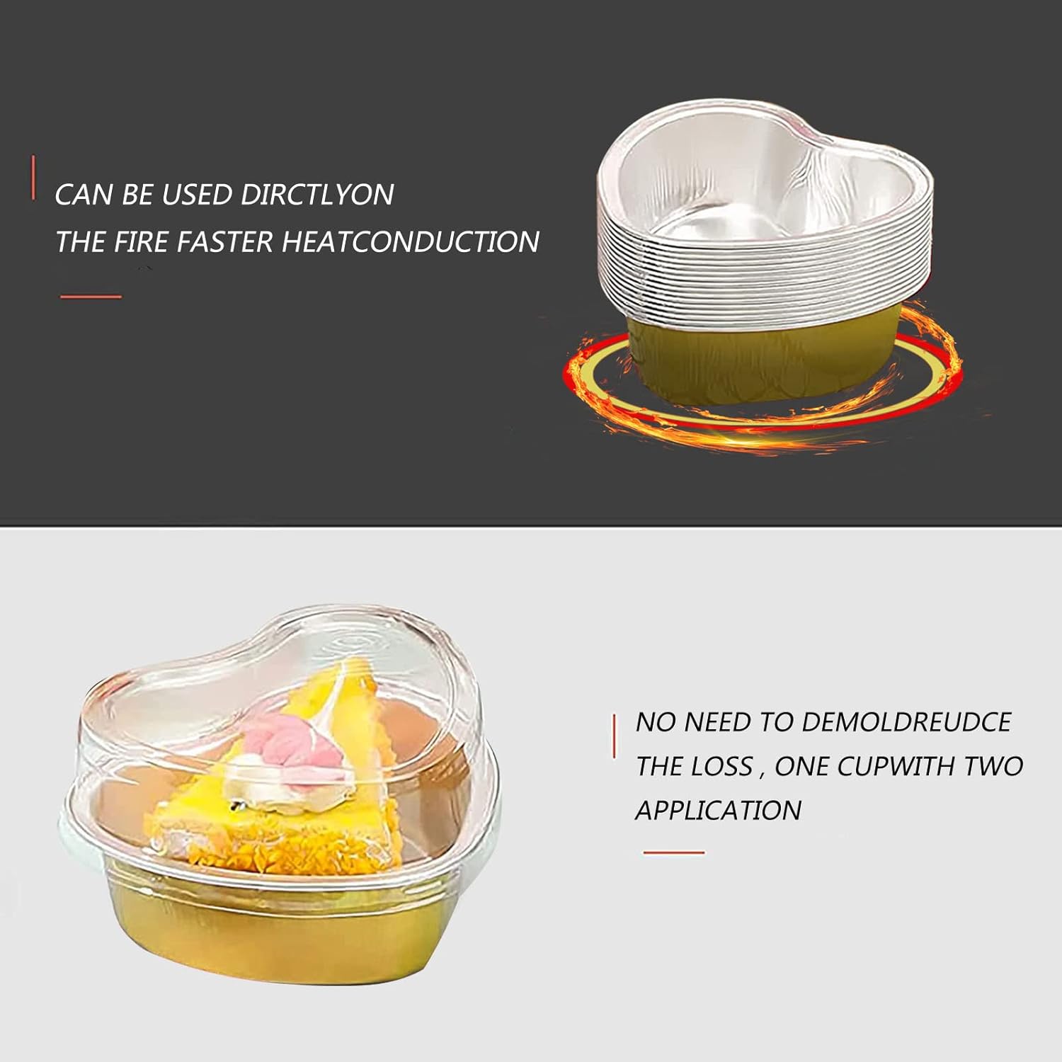 Paquete de 50 moldes de papel de aluminio en forma de corazón con tapas, 3.4 fl oz3.5 onzas, mini tazas desechables para hornear flan para postres,