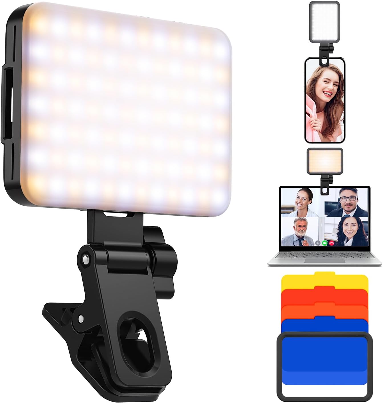 K&F Concept Luz de video LED, luz de relleno de clip con filtro de 4 colores, luz de conferencia recargable de 2000 mAh, CRI 95+, 3 modos de luz,