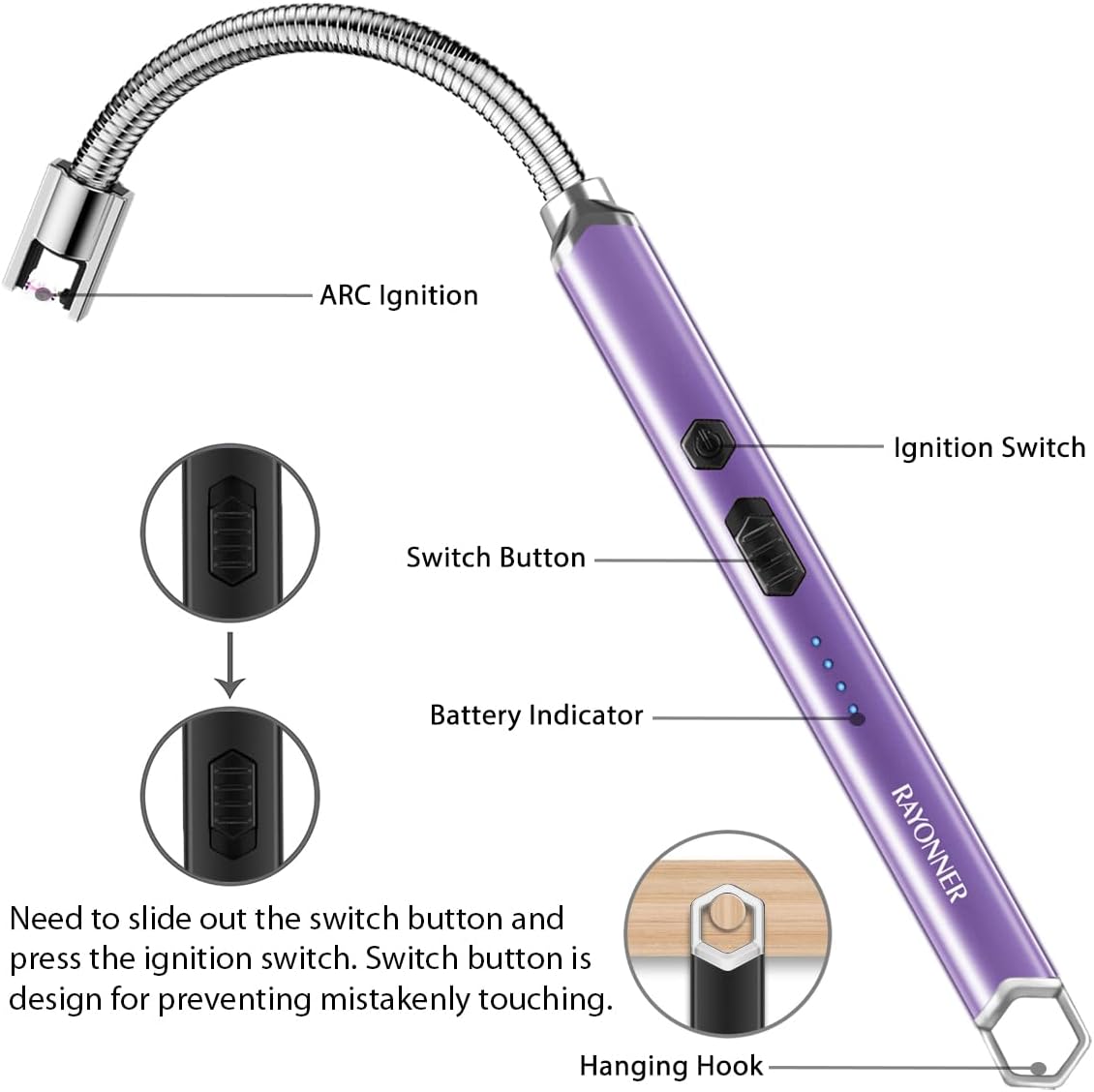 RAYONNER Encendedor de velas eléctrico USB con interruptor de seguridad, recargable de plasma sin llama (morado)