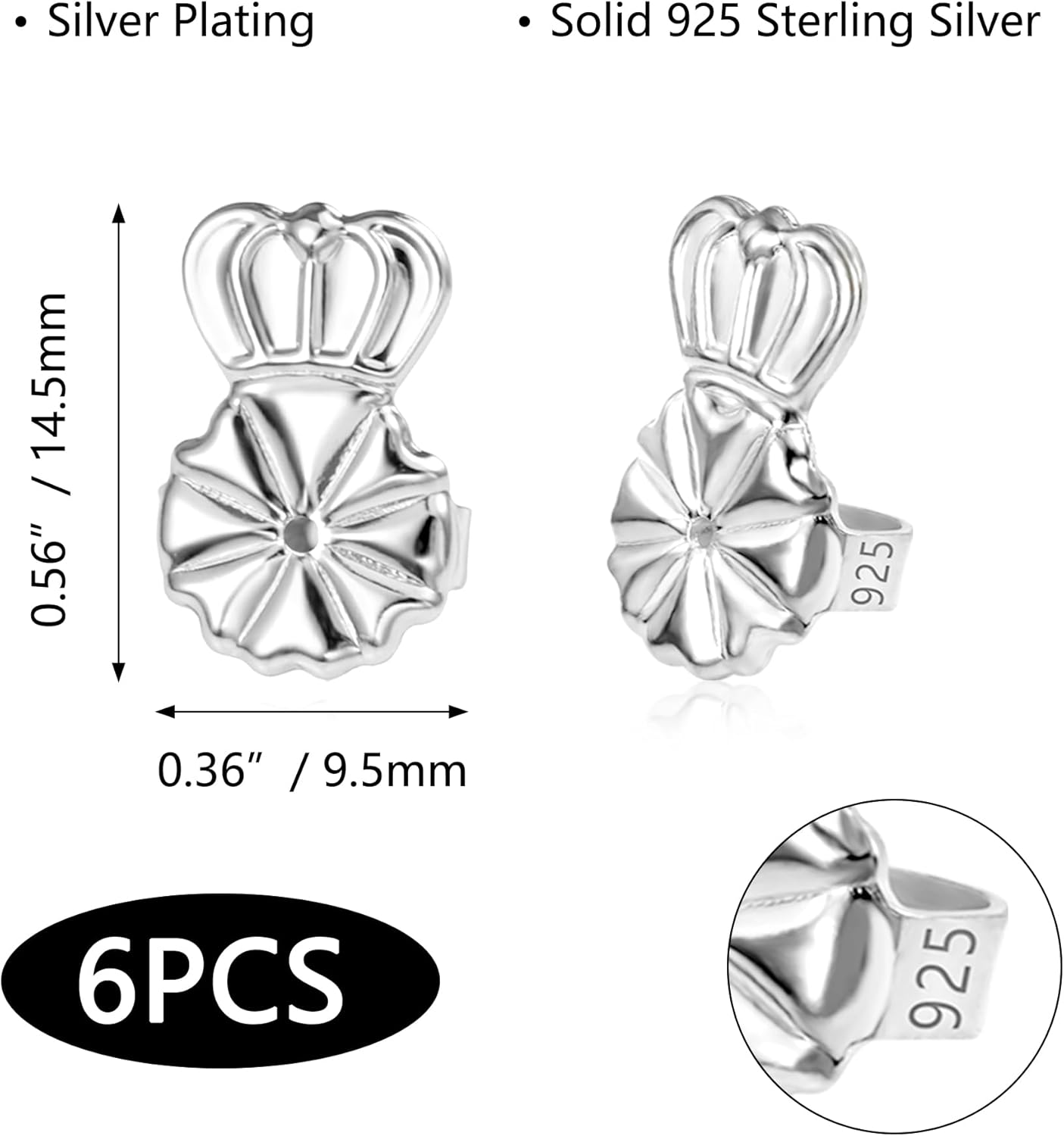 Espalda levantadora de aretes de plata de ley 925 para orejas caídas, ajustables, hipoalergénicas, para aretes pesados