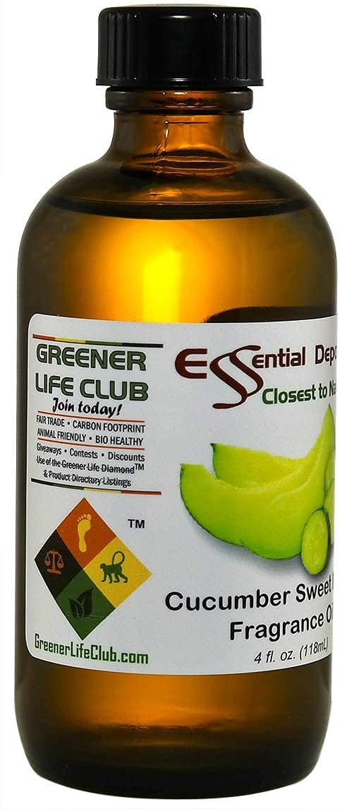 Aceite de fragancia de melón dulce de pepino, 4 onzas, suministrado en botella de vidrio ámbar de 4 onzas con forro de cono fenólico negro y tapa