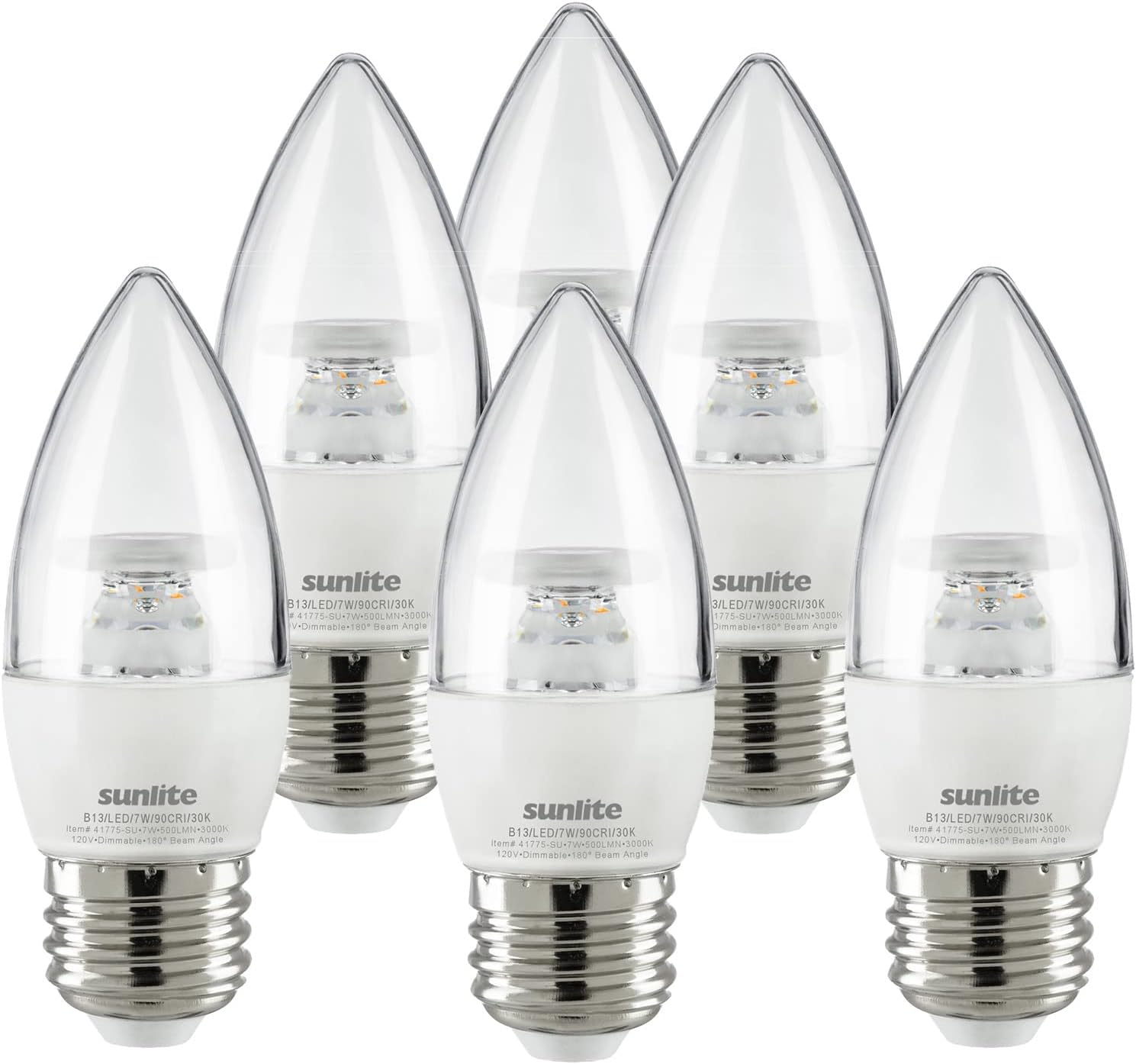 Sunlite 41775 Bombilla LED B13 decorativa para araña, 7 vatios (60 W  ), 500 lúmenes, 120 voltios, regulable, base E26, Energy Star, 90 CRI,