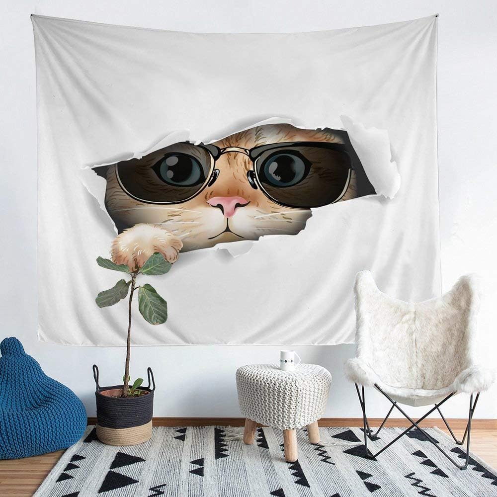 Homewish Cute Cat Wall Hanging for Bedroom Living Room Paper Ripped Off with Cat Wall Blanket Tapestries Animal Theme Tapestry Microfiber Home Wall