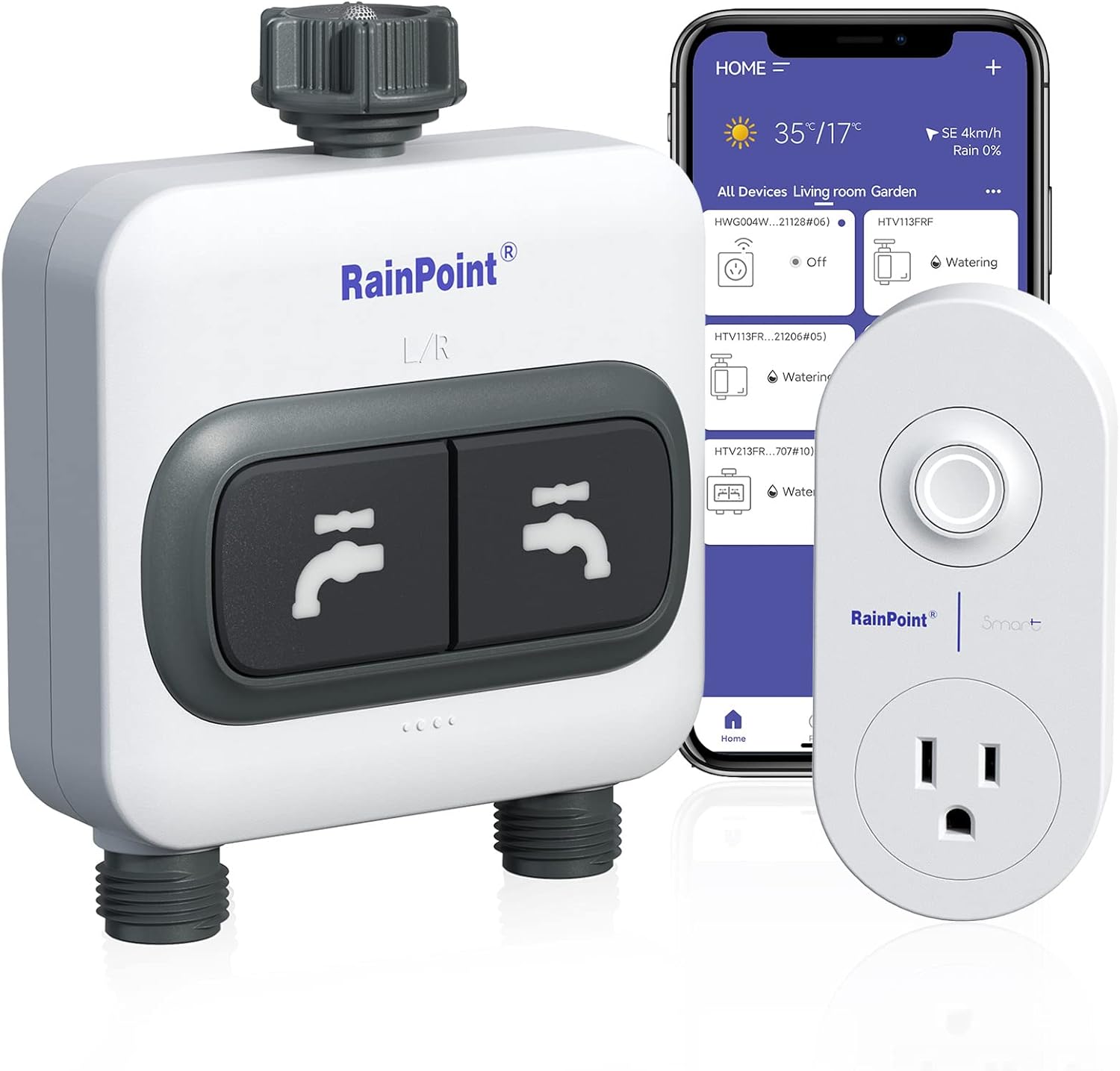 RAINPOINT Temporizador de agua WiFi para manguera de jardín  6 planes separados, riego por galón y tiempo, modo de riego y niebla, fácil de usar,
