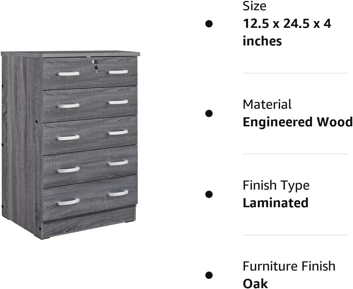 Better Home Products Cindy – Cómoda de madera con 5 cajones con cerradura en color gris