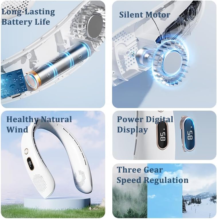 YONGYUN Ventilador colgante de cuello portátil, 3 velocidades ajustables, de larga duración con ventilador de enfriamiento de pantalla LED,
