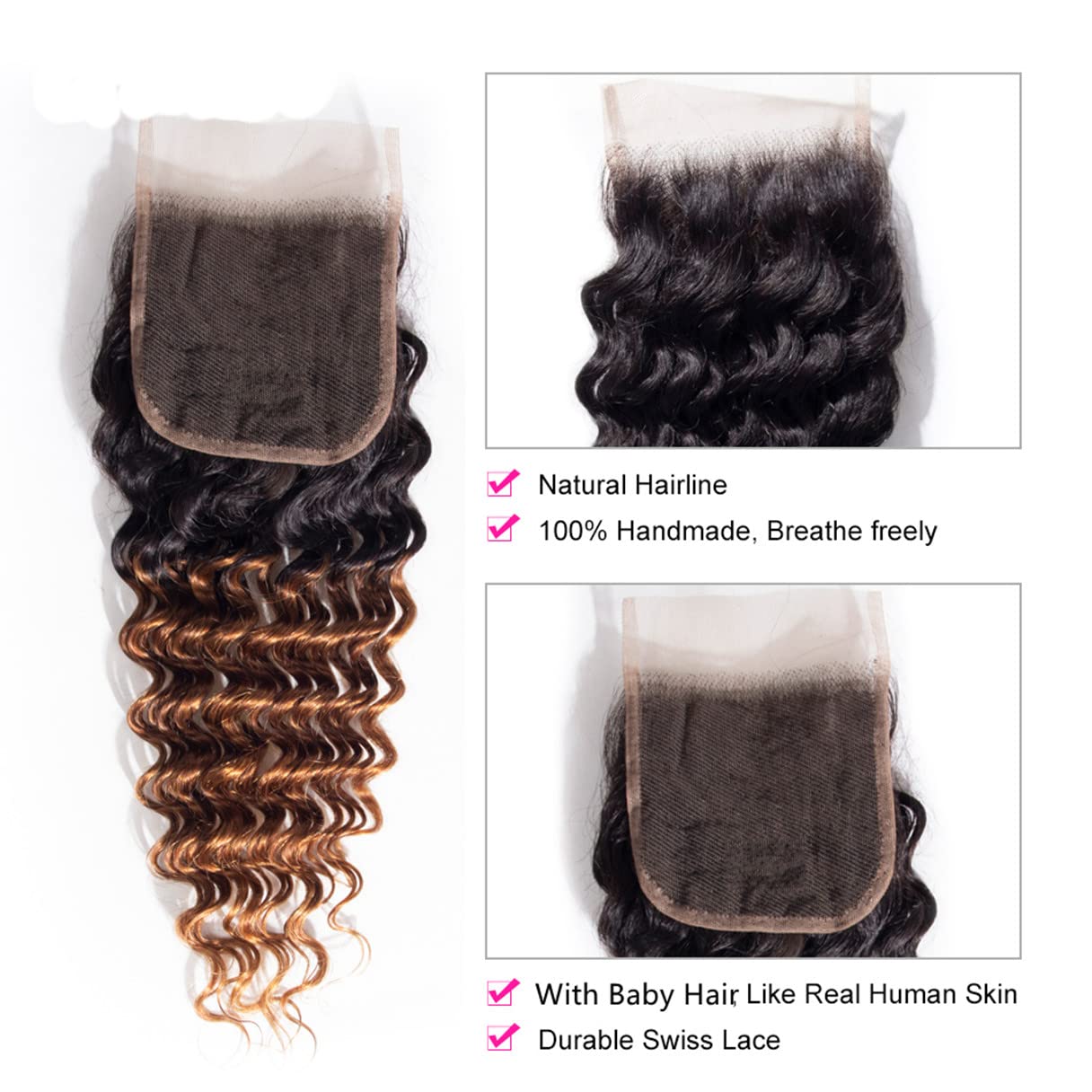Ombre rubio miel 1B 30 onda profunda 4×4 cierre de encaje 100% cabello humano virgen brasileño sin procesar rizado profundo línea de cabello