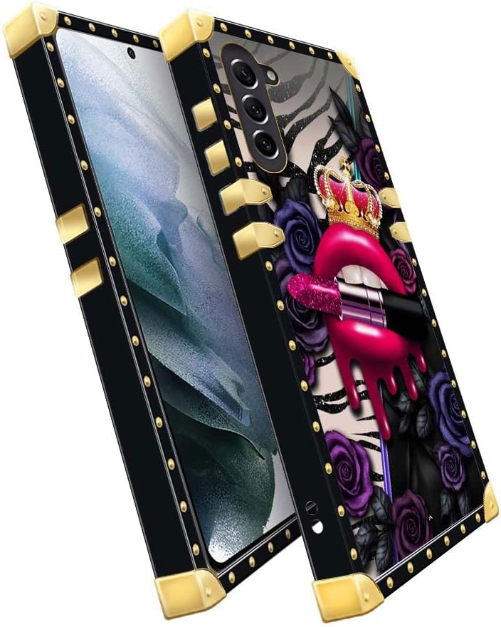 Funda compatible con Samsung Galaxy S23 Plus, funda cuadrada de labios rojos con corona para niñas y mujeres, funda decorativa de metal suave de