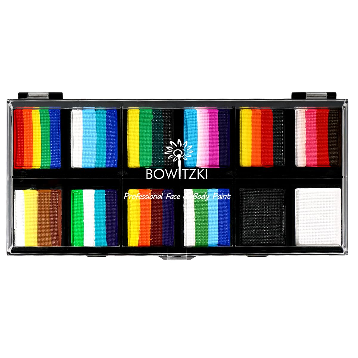 Bowitzki Pintura facial profesional de 12 x 10 gm, kit de pintura facial para niños y adultos, pastel dividido de un solo trazo, no tóxico, arco