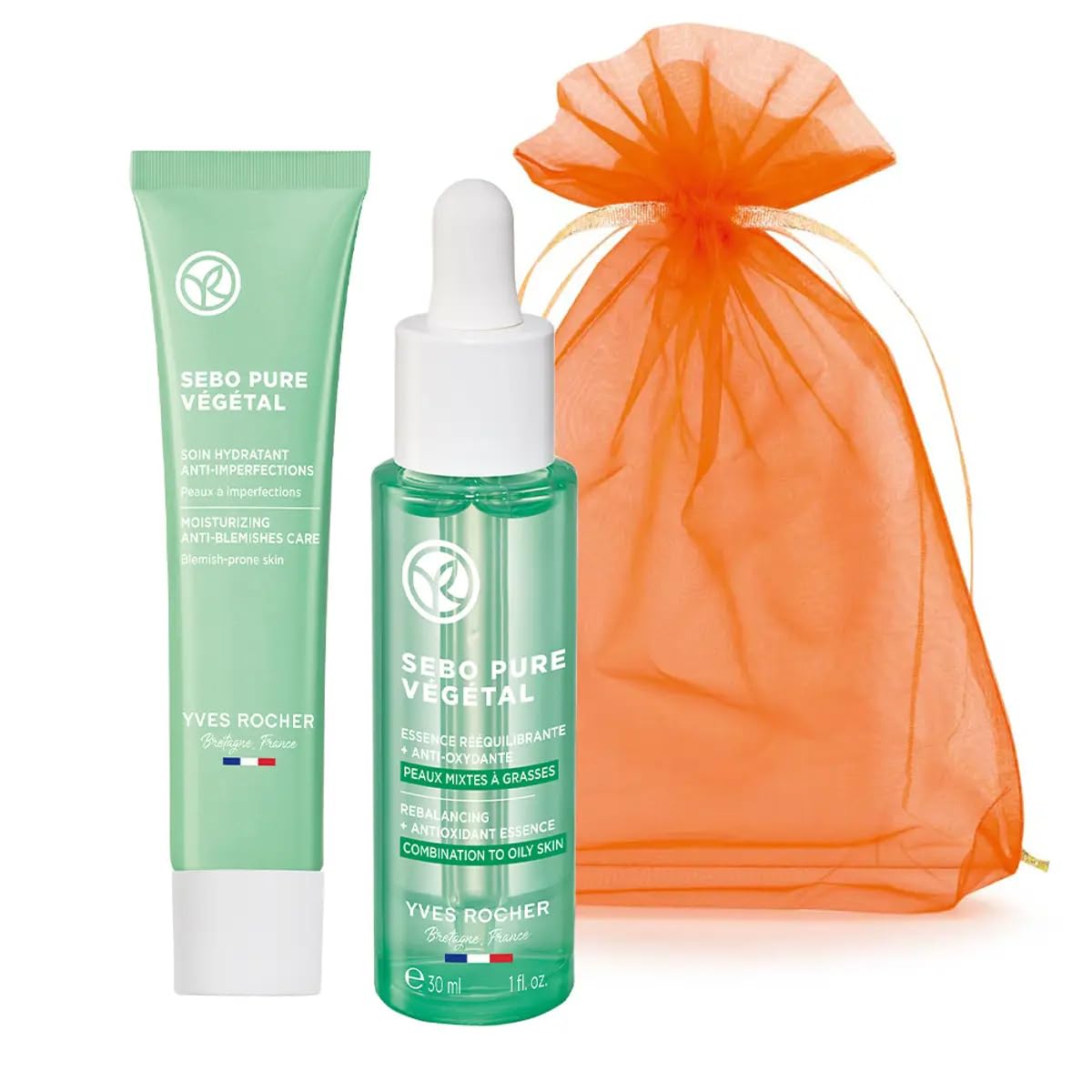 Yves Rocher Sebo Pure Vegetal Hidratante Antimanchas – 1.4 fl oz.  1.5 Fl.Oz. & Reequilibrante Antioxidant Essence Organic Serum Skin Solution – 1.0
