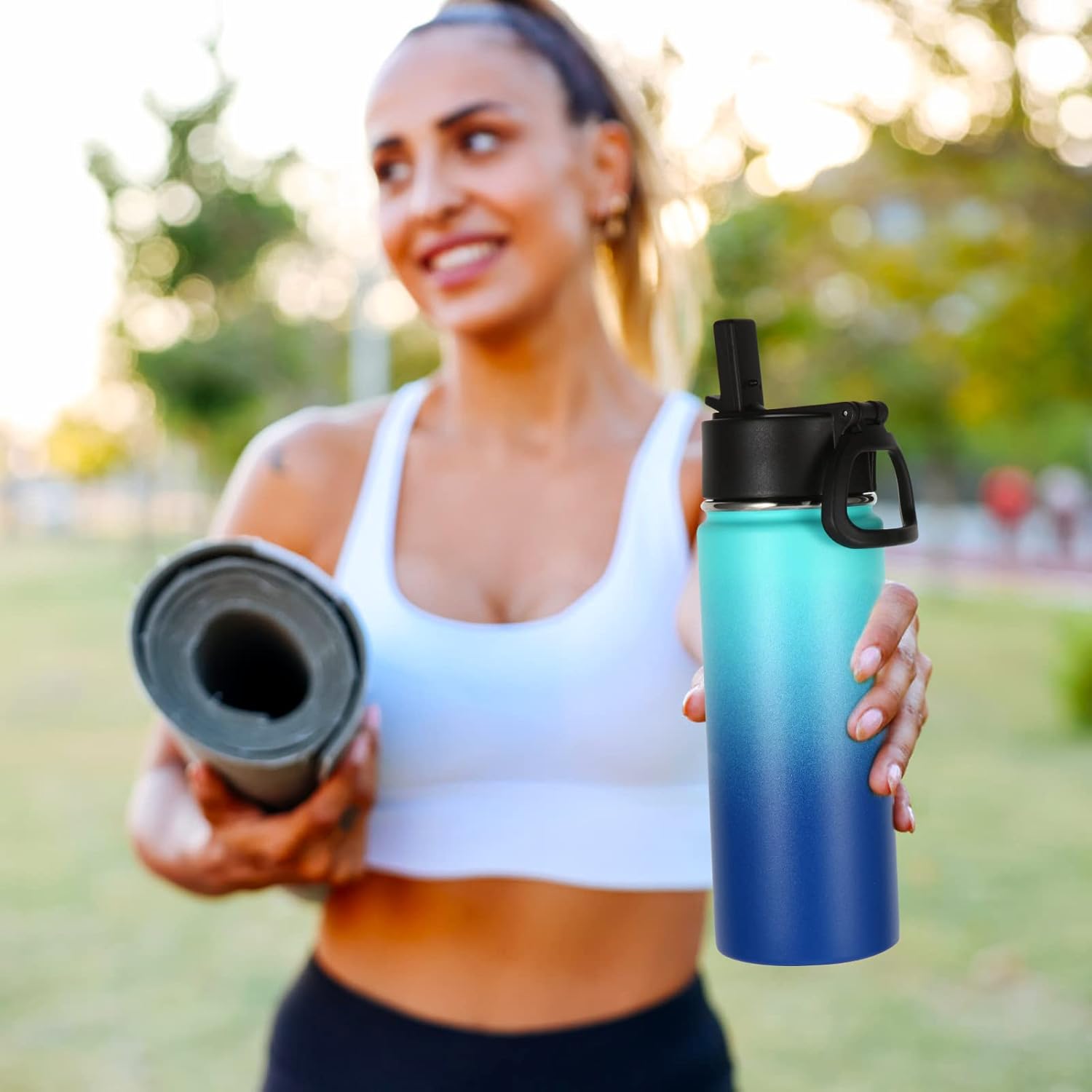 Volhoply Botella de agua aislada para niños con popote, botellas de agua fría de acero inoxidable de 16 onzas para la escuela, vasos de boca ancha