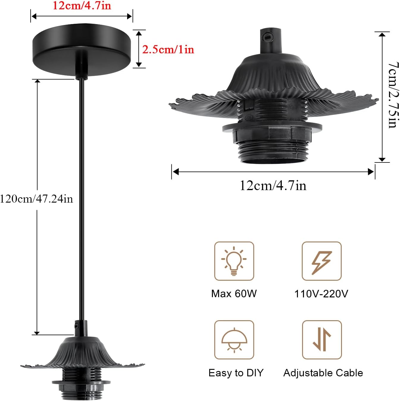 Mini cable de luz colgante vintage, paquete de 2 unidades, kit de luz colgante industrial negro, cable de luz colgante de placa de techo ampliada de