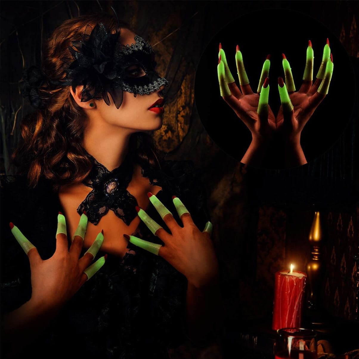 50 dedos de bruja de Halloween, cubierta de uñas de bruja aterradora que brilla en la oscuridad, para accesorios de Halloween, suministros de cosplay