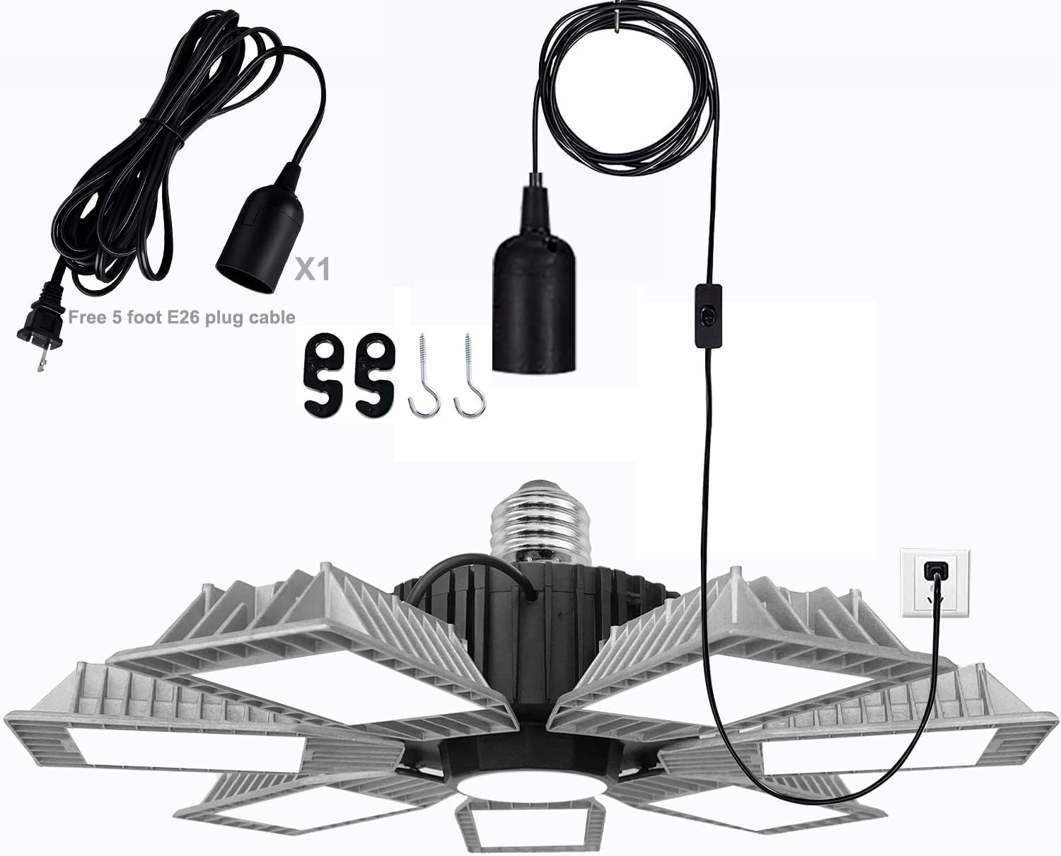 Luz LED de garaje, luz LED ultra brillante de 250 W con 7 paneles ajustables, 25000LM 6500K luces LED de techo de garaje deformables para garaje,