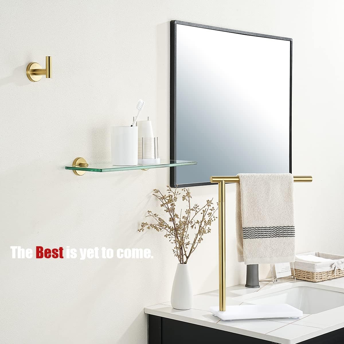 JQK Estante de vidrio para baño dorado, almacenamiento de ducha de vidrio templado de 16 x 5 pulgadas, soporte de pared dorado cepillado de acero