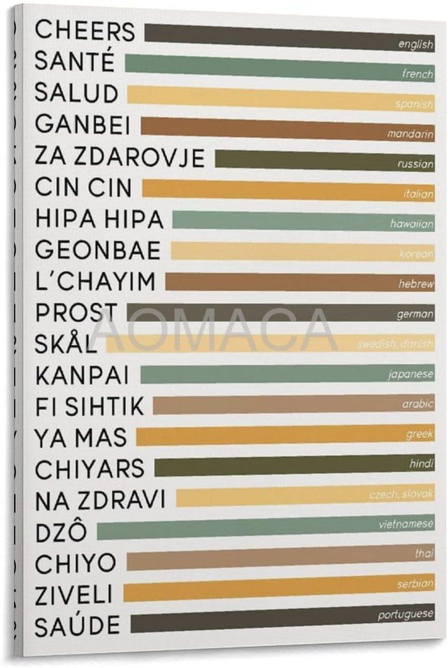 RCIDOS Póster artístico divertido con texto en inglés “Cheers in different language”, impresión de colores retro, tipografía artística, pósteres e