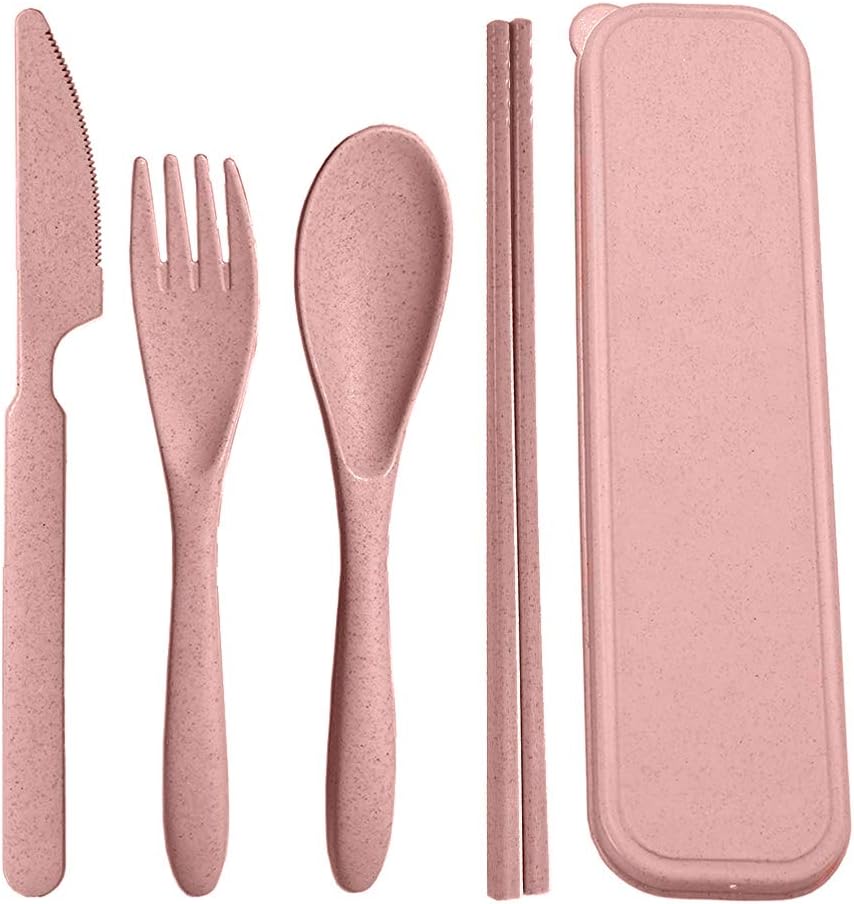 SUNNYHILL – Juego de 4 cubiertos de paja de trigo saludable y ecológico, utensilios portátiles biodegradables, palillos, tenedores, cuchillos,