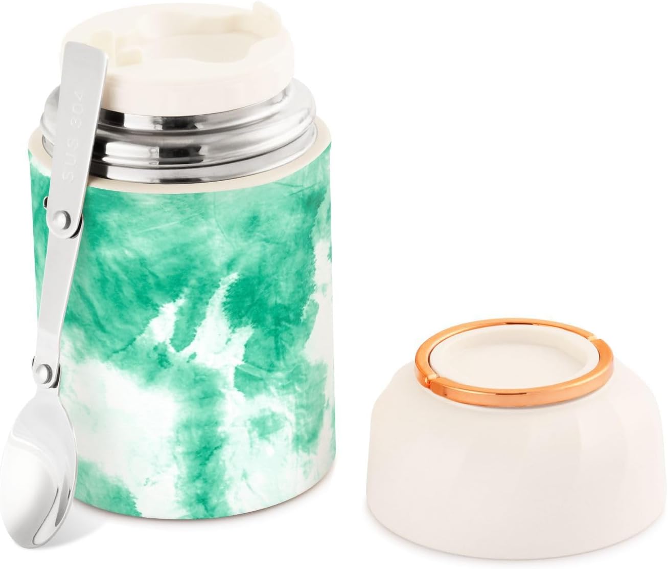 Tarro de comida verde Tie Dye con cuchara de acero inoxidable aislado al vacío contenedor de alimentos de 17 oz termo de alimentos para alimentos