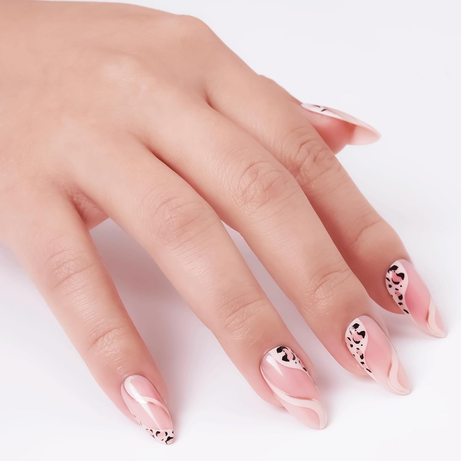 Uñas postizas a presión con diseño de leopardo rosa medio, almendra para mujer, ajuste natural, uñas adhesivas acrílicas reutilizables, 24 unidades