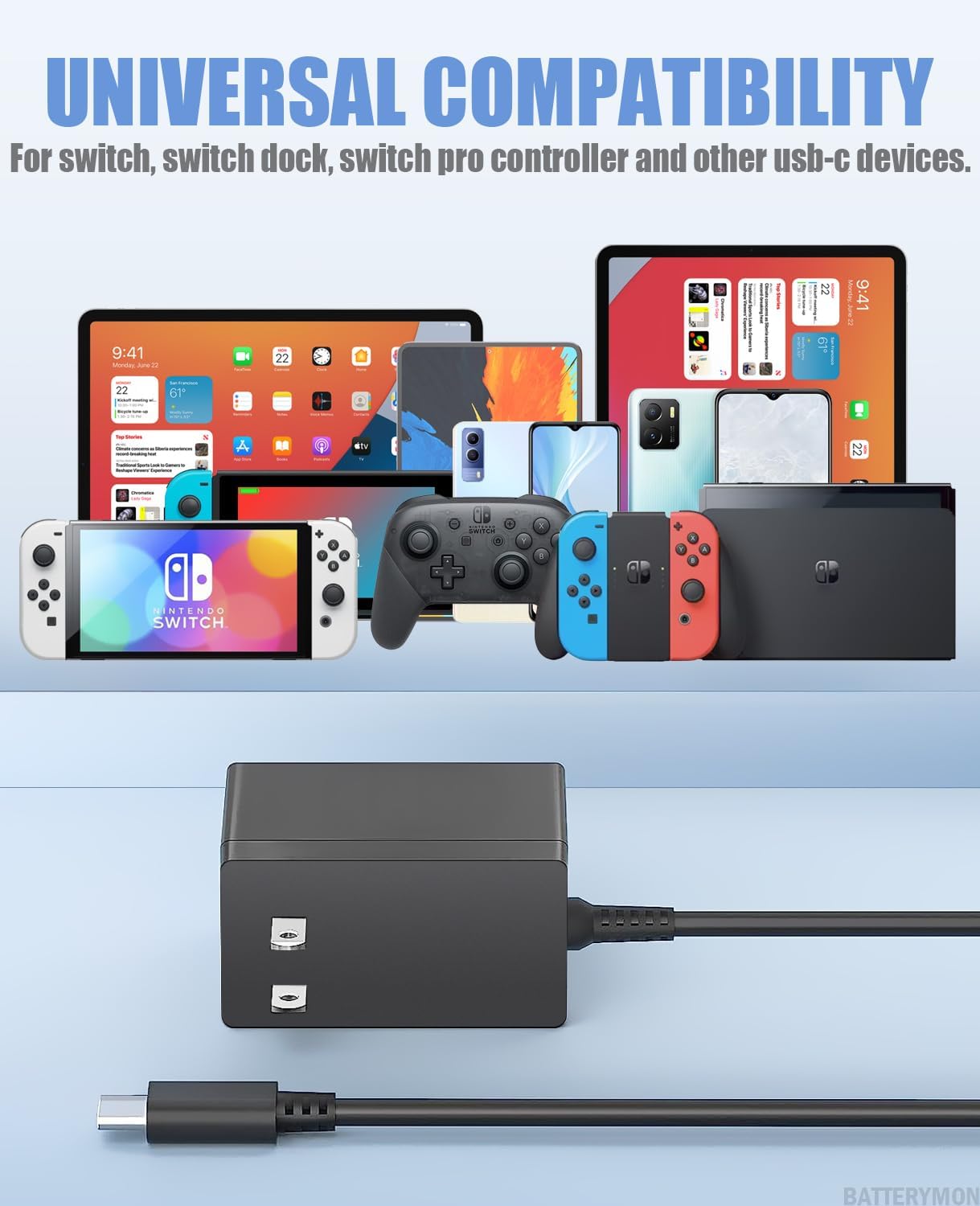 Cargador tipo c de 15 V 2.6 A para Switch y dispositivo de teléfono Android USB-C, adaptador de CA de 65 W para computadora portátil Dell Inspiron