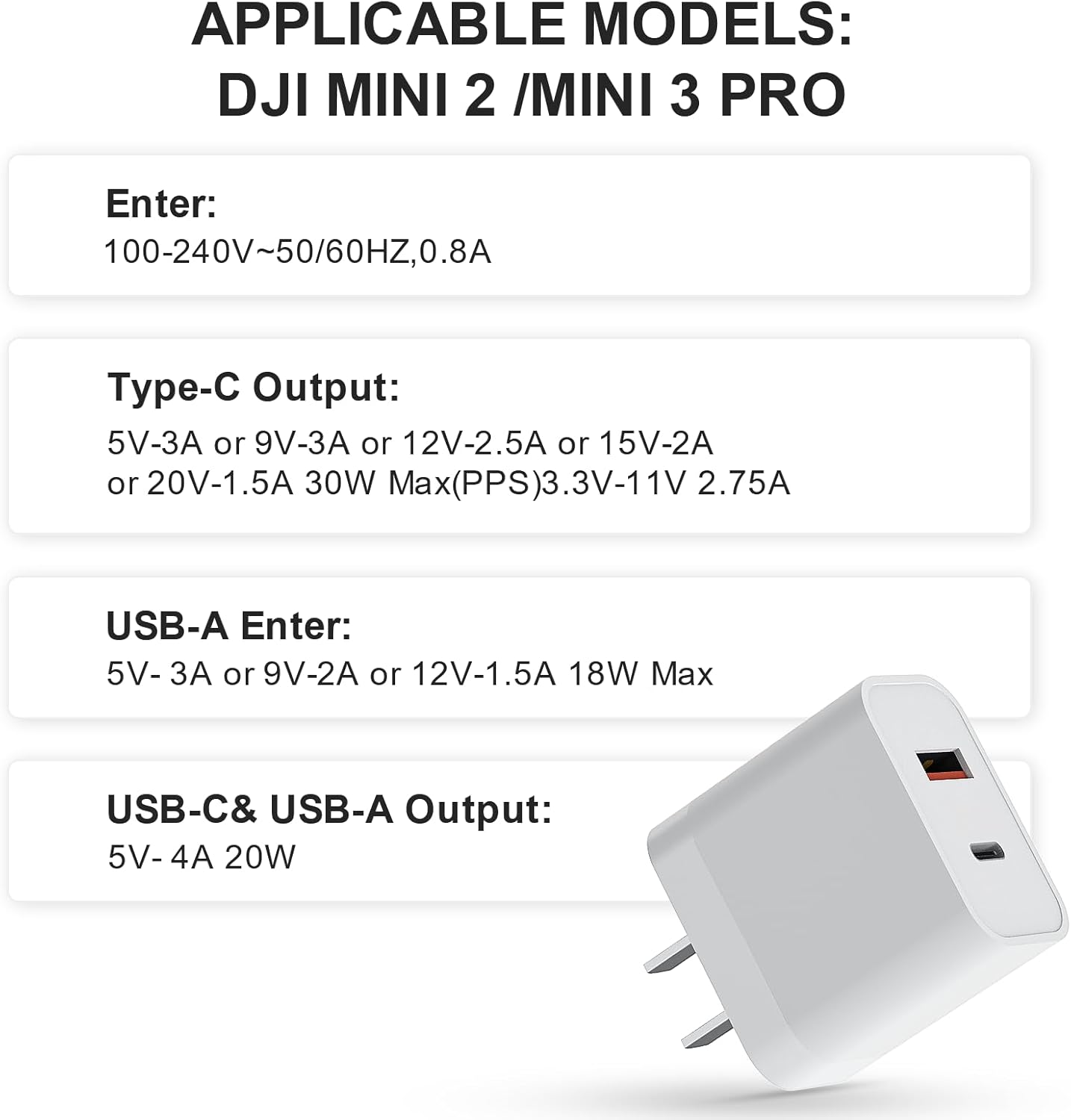 Adaptador de corriente para dron, versión mejorada de 30 W GaN Bloque de cargador compacto de doble puerto, cargador de puerto USB C y B, compatible