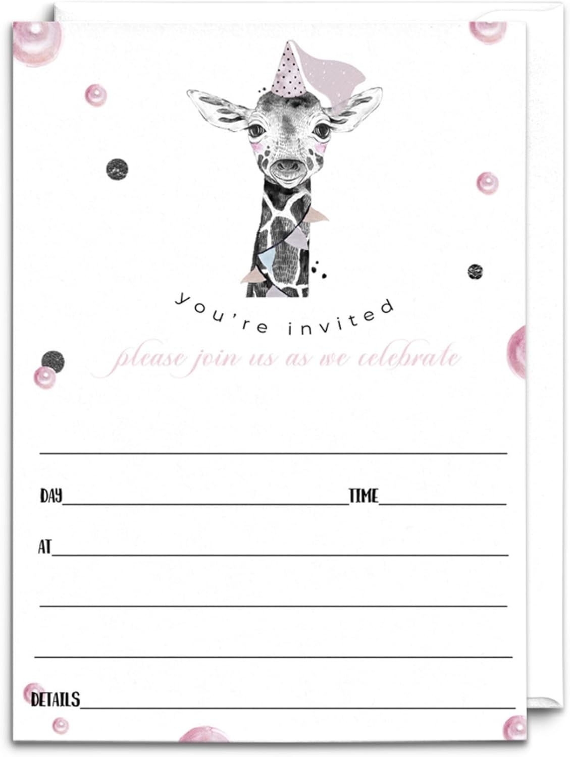 Invitación de fiesta de jirafa rosa para niñas (paquete de 25) invitaciones de cumpleaños en blanco con sobres para niños, baby shower, espolvorear