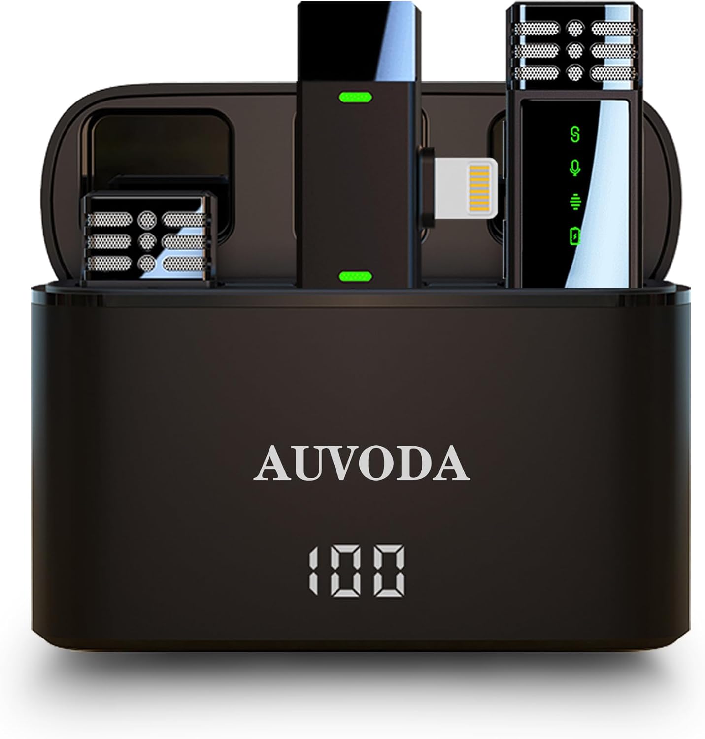 Auvoda Micrófono Lavalier inalámbrico para iPhone iPad, paquete de 2 micrófonos inalámbricos de solapa con funda de carga de 600 mAh, micrófono