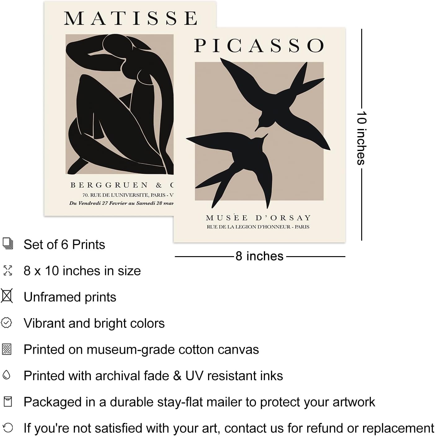 Iknostine Juego de 6 impresiones artísticas para pared de artistas famosos, póster abstracto de Matisse en lienzo estético negro, arte de flores de