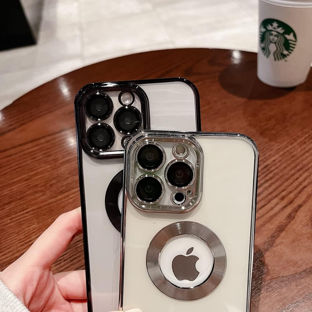 Funda para iPhone 13 Pro con protector de lente de cámara, vista de logotipo para mujeres y hombres, chapado suave, transparente, delgada,