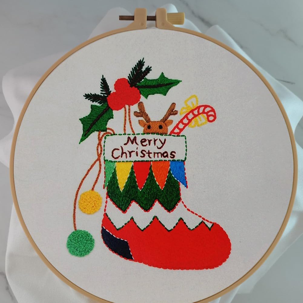 Esffaci Kit de iniciación de bordado para adultos principiantes con patrón de calcetín de Navidad estampado de punto de cruz con tela de bordado,