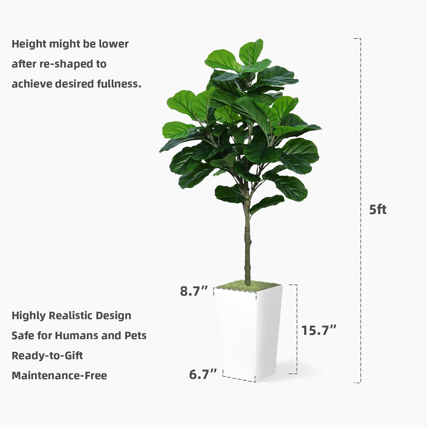 Árbol de higuera artificial de hoja de violín de 5 pies, árbol de higuera de hoja de violín sintético con maceta alta gris, planta falsa de ficus