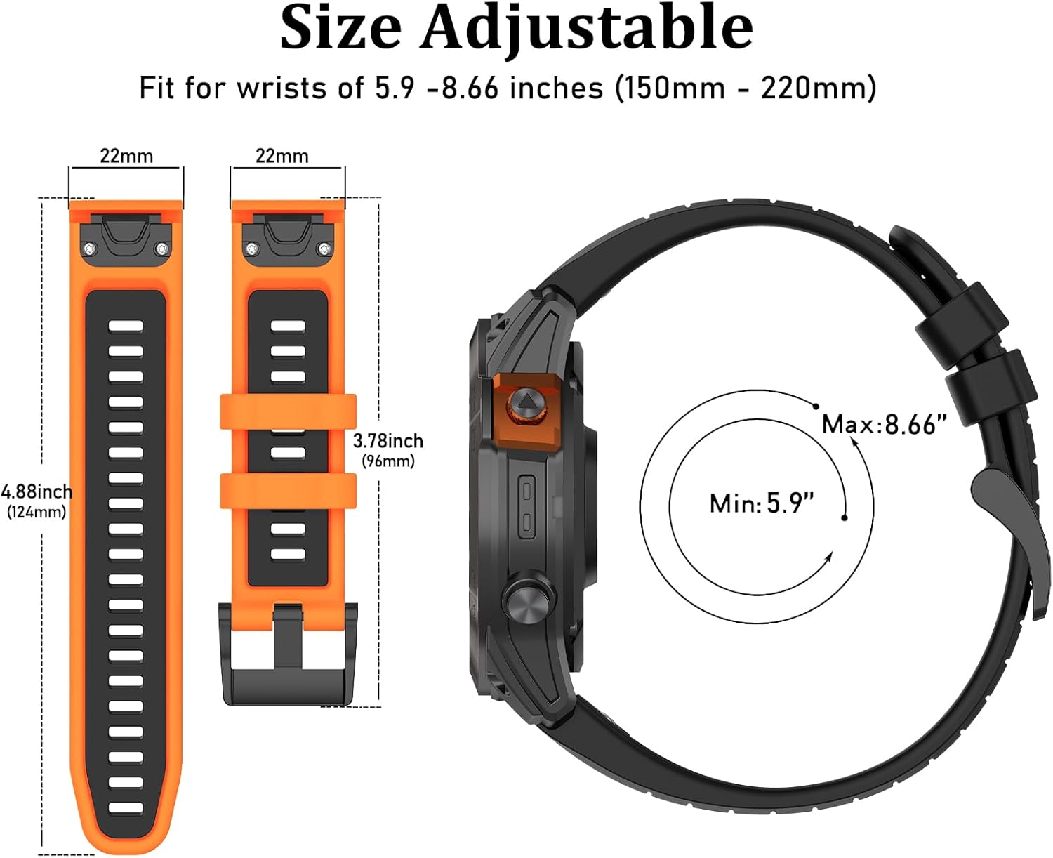 Correa de silicona de 0.866 in compatible con Garmin Fenix 7 Pro, correas de silicona de fácil ajuste para Fenix 5 Plus Fenix 6 Pro Descent G1