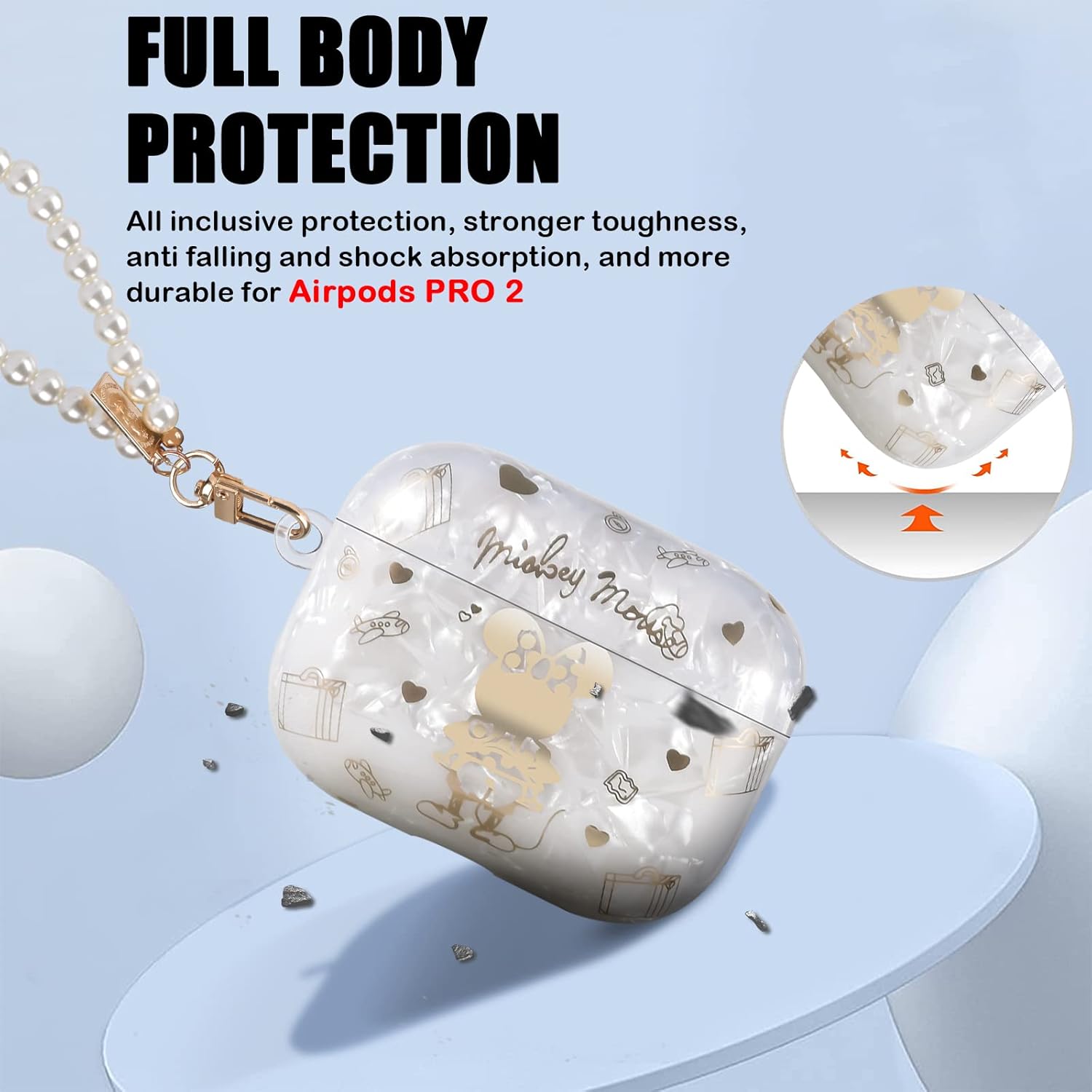 Bonita funda de ratón para AirPod Pro (2 generación) 2022 con llavero de muñeca de perlas para mujeres y niñas, carcasa de mármol brillante con