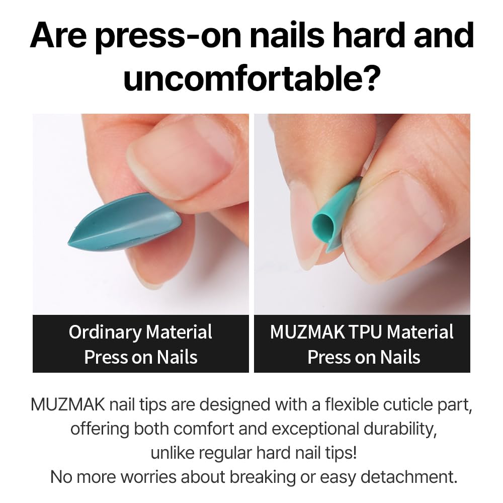 MUZMAK Uñas postizas reutilizables a presión, largas, medianas y cortas, ataúd, almendra, 36 piezas, kit de uñas postizas rojas, cobertura completa,
