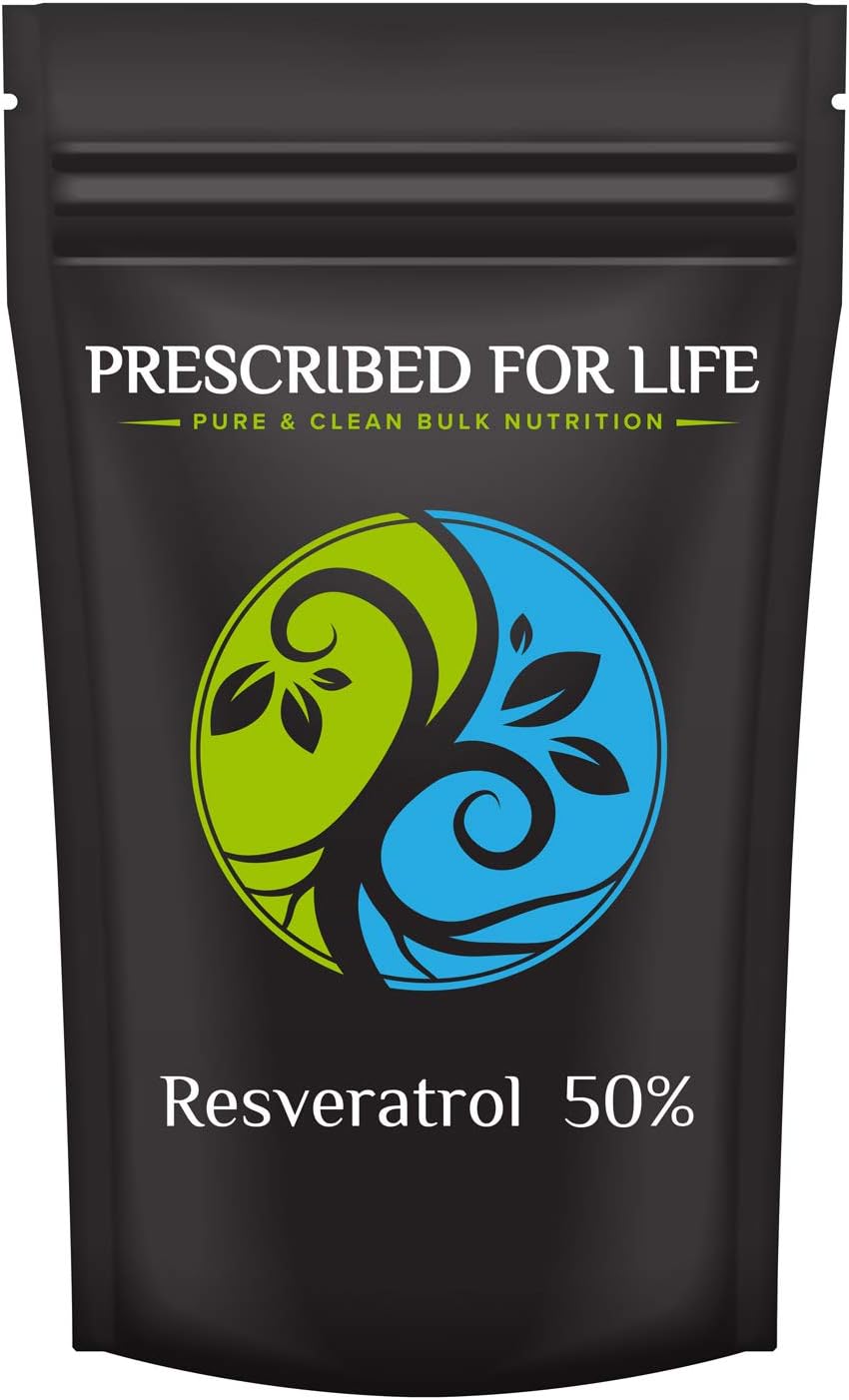 Prescribed For Life Resveratrol en polvo  50% Trans Resveratrol  Suplemento nutricional rico en antioxidantes  Vegano, sin gluten, sin OGM