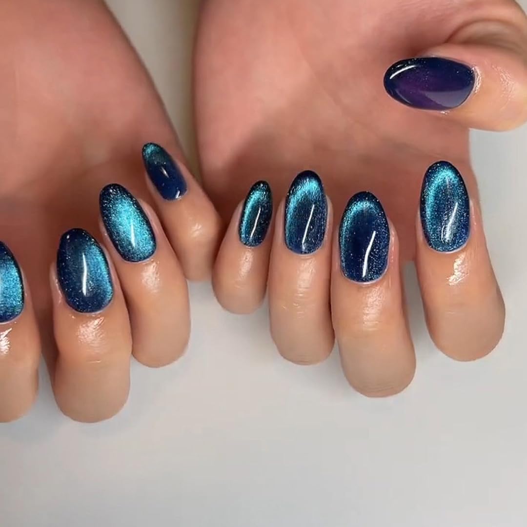 Xcrear – Uñas postizas a presión de ojo de gato, cortas ovaladas, uñas postizas con purpurina azul, uñas postizas de longitud corta, uñas acrílicas,