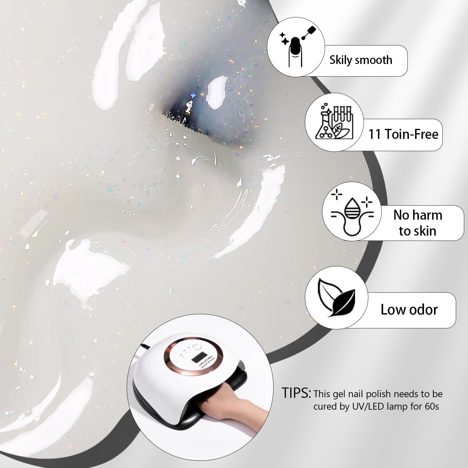 YOKE FELLOW Esmalte de uñas de gel con purpurina, 0.3 onzas líquidas, esmalte de uñas de gel transparente color blanco lechoso con purpurina láser