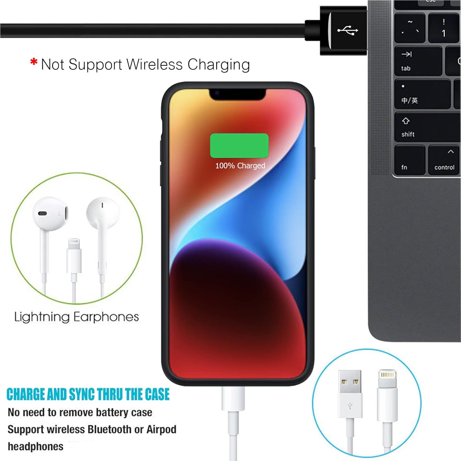 Funda de batería para iPhone 14, Full Encircle 7000mAh Ultra-Slim Recargable Inteligente Portátil Cubierta de Carga Extendida Batería Compatible con