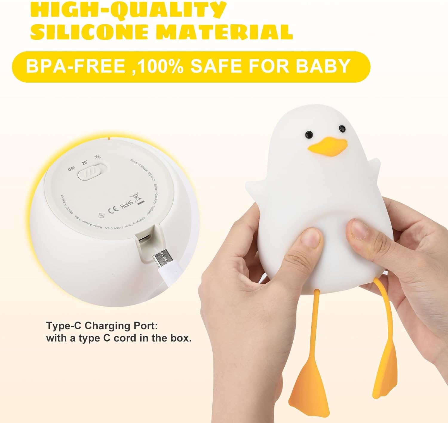Lámpara de pato, bonita luz nocturna de pato para niños, luz nocturna recargable regulable para niños, lámpara de noche LED de silicona para