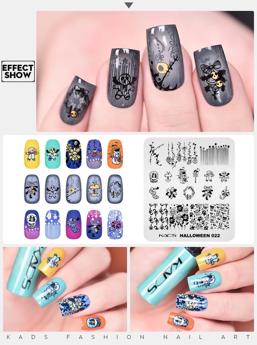 KADS Placas de estampado de uñas para Halloween, diseño de arte de uñas, atmósfera de terror, esqueleto, gota de sangre, bruja, calabaza linterna