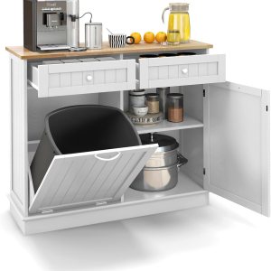 SILKYDRY Armario de basura inclinable, armario de lavandería con 2 cajones y estante ajustable, encimera de madera de goma, contenedores de SILKYDRY Armario de basura inclinable, armario de lavandería con 2 cajones y estante ajustable, encimera de madera de goma, contenedores de