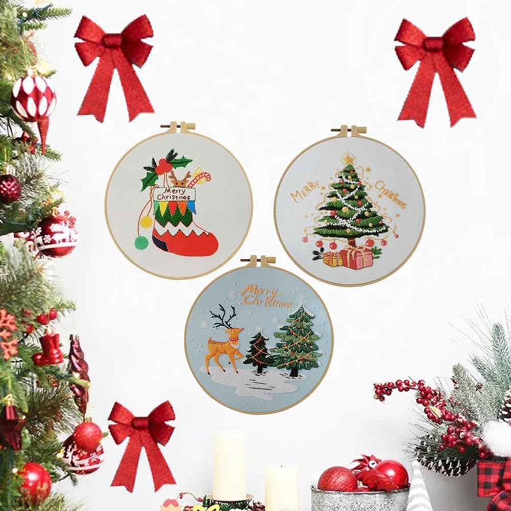 Esffaci Kit de iniciación de bordado para adultos principiantes con patrón de calcetín de Navidad estampado de punto de cruz con tela de bordado,