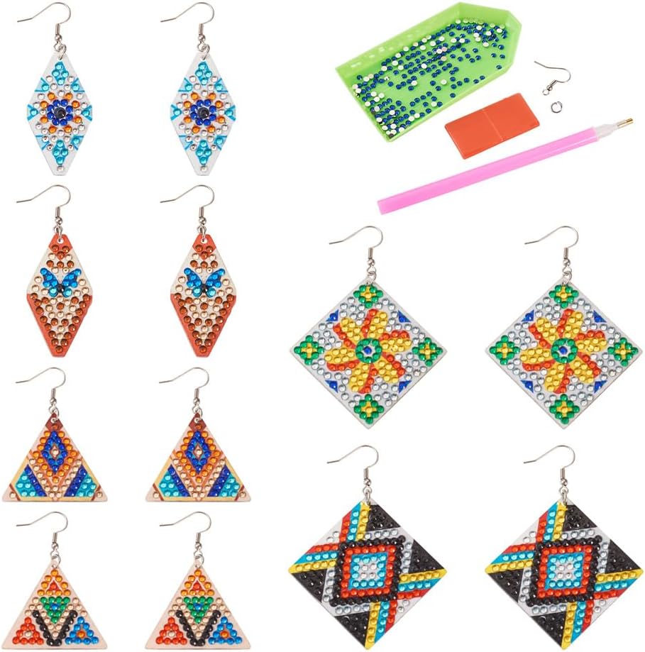 Boutigem Juego de 6 pares de aretes de pintura de diamante 5D Boho Hand Mosaic Art Earring Mandala Crystal Rhinestone Pendientes colgantes de doble