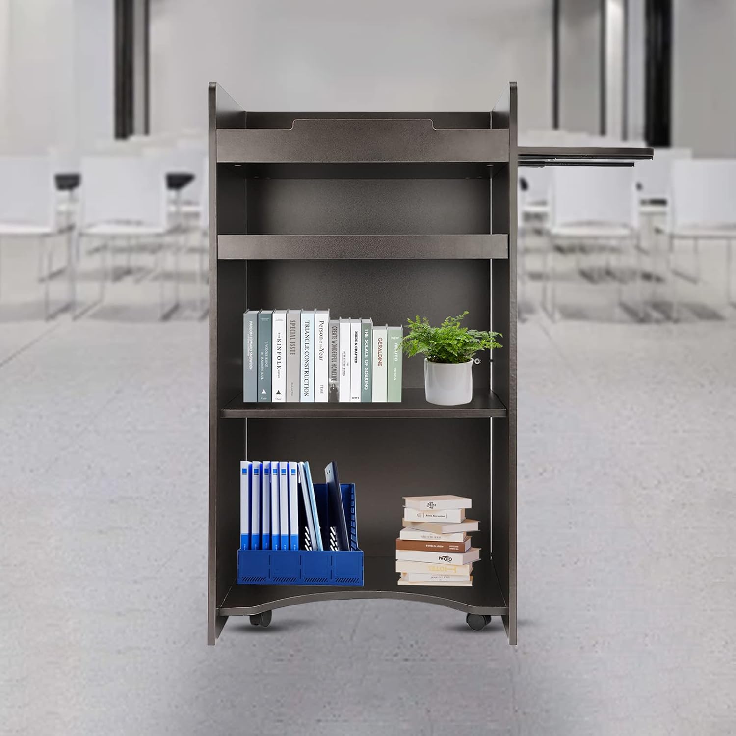 Podium – Atril móvil de piso, atril de madera rodante, podio de pie con estante de almacenamiento, aulas, oficinas, escuelas, púlpitos de iglesia