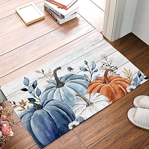 Tapete para puerta de Acción de Gracias, tapete de bienvenida de otoño con calabaza azul, blanca y naranja, tapete antideslizante para el suelo,